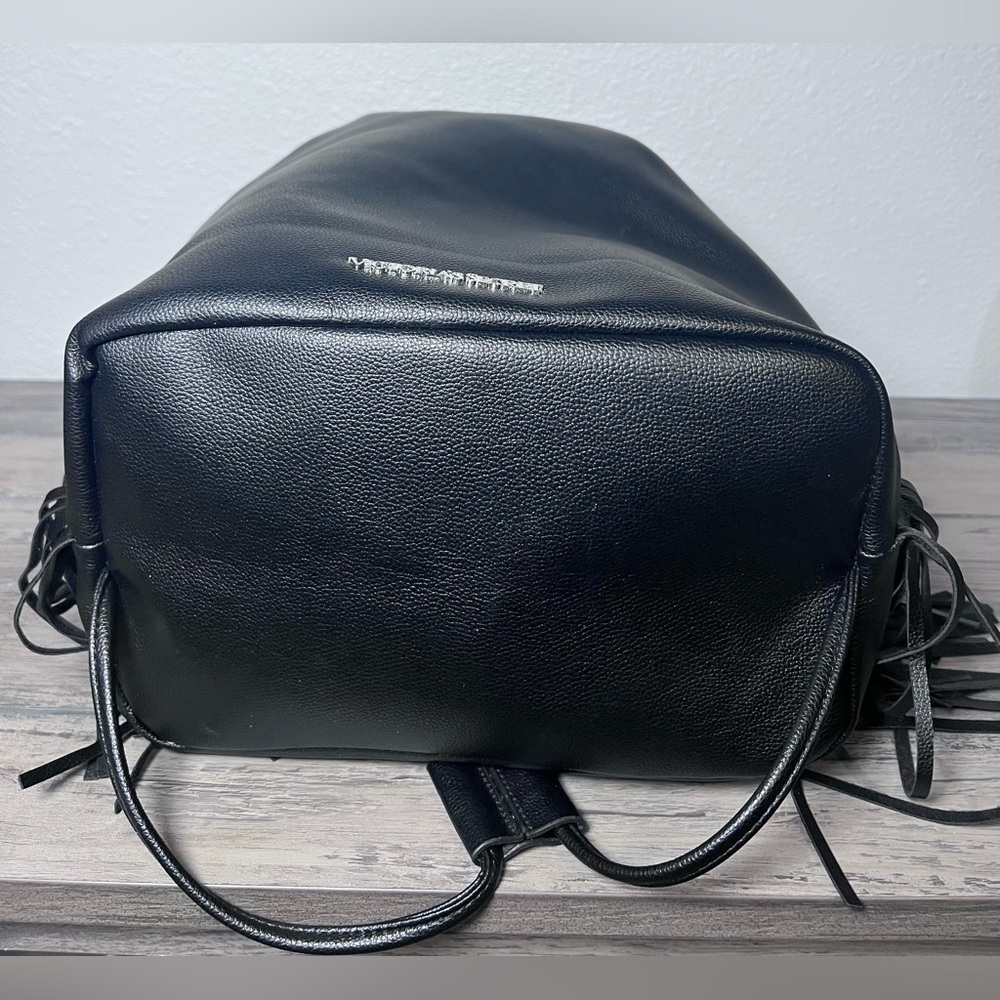 VICTORIA'S SECRET Black Faux Leather Fringe Drawstring Bucket Backpack NWT tags - Picture 10 of 11